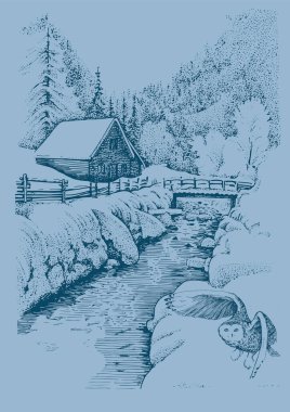 Noel hissi veren bir kış manzarası. Çizim, çizim ya da oyma şeklinde yapılır. Tebrik kartı olarak kullanılabilir..