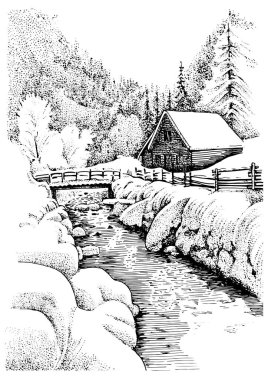 Noel hissi veren bir kış manzarası. Çizim, çizim ya da oyma şeklinde yapılır. Tebrik kartı olarak kullanılabilir..