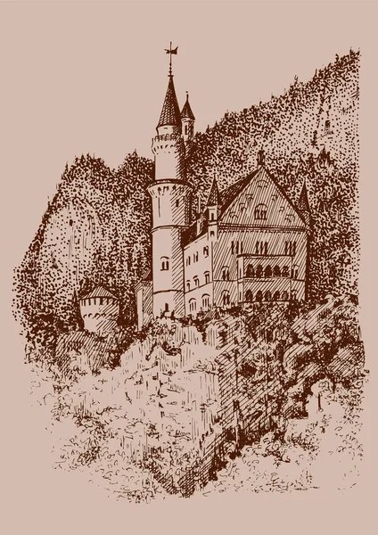 Neuschwanstein Kalesi eşsiz bir sanat eseridir. Resim, el yapımı kalem ve mürekkeple yapılmış. Çizim vektör çizimine çevrildi.
