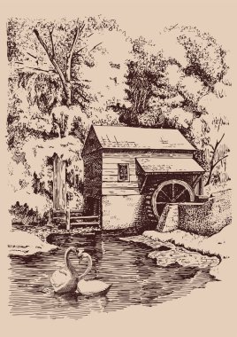 Değirmenli kırsal alan. Vektör eli çizilmiş klasik oymalı çizim.