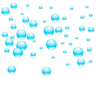 Şeffaf kabarcıklar ya da farklı boyutlarda mavi renkli su damlaları. Vektör illüstrasyonu