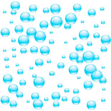 Şeffaf kabarcıklar ya da farklı boyutlarda mavi renkli su damlaları. Vektör illüstrasyonu