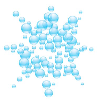 Şeffaf kabarcıklar ya da farklı boyutlarda mavi renkli su damlaları. Vektör illüstrasyonu