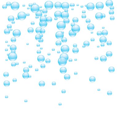Şeffaf kabarcıklar ya da farklı boyutlarda mavi renkli su damlaları. Vektör illüstrasyonu
