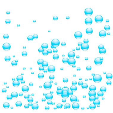Şeffaf kabarcıklar ya da farklı boyutlarda mavi renkli su damlaları. Vektör illüstrasyonu