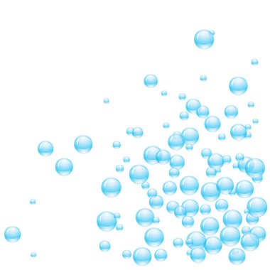 Şeffaf kabarcıklar ya da farklı boyutlarda mavi renkli su damlaları. Vektör illüstrasyonu