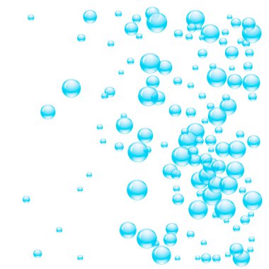 Şeffaf kabarcıklar ya da farklı boyutlarda mavi renkli su damlaları. Vektör illüstrasyonu