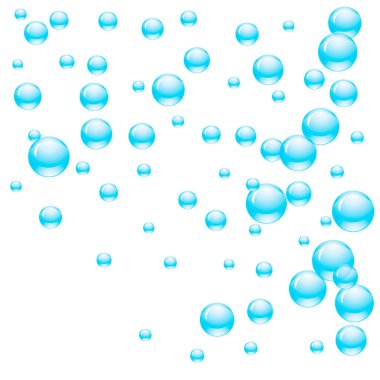 Şeffaf kabarcıklar ya da farklı boyutlarda mavi renkli su damlaları. Vektör illüstrasyonu