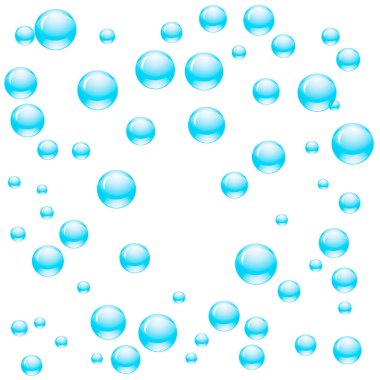 Şeffaf kabarcıklar ya da farklı boyutlarda mavi renkli su damlaları. Vektör illüstrasyonu
