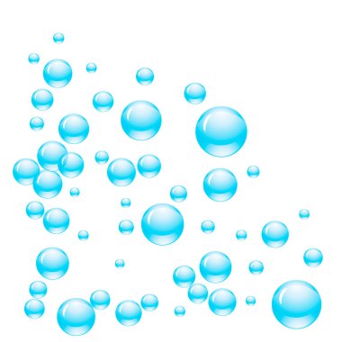 Şeffaf kabarcıklar ya da farklı boyutlarda mavi renkli su damlaları. Vektör illüstrasyonu