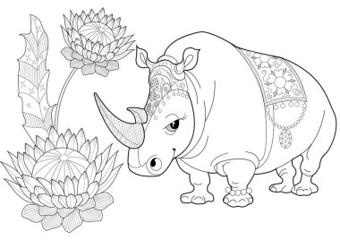 Sanat Terapisi Renk Sayfaları. Afrika 'nın hayvanları ve çiçekleri. Şirin gergedanlar. Renkli sayfalarla dolu bir dünya turu ile rahatlatıcı ve eğitici bir yolculuk.