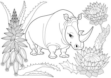 Sanat Terapisi Renk Sayfaları. Afrika 'nın hayvanları ve çiçekleri. Şirin gergedanlar. Renkli sayfalarla dolu bir dünya turu ile rahatlatıcı ve eğitici bir yolculuk.