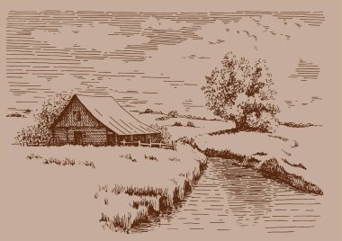 Nehirli kırsal manzara manzarası. Kalem çizimi vektör çizimine çevrildi