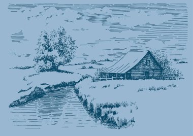 Nehirli kırsal manzara manzarası. Kalem çizimi vektör çizimine çevrildi