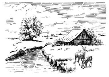 Nehirli kırsal manzara manzarası. Kalem çizimi vektör çizimine çevrildi