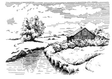 Nehirli kırsal manzara manzarası. Kalem çizimi vektör çizimine çevrildi