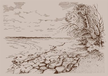 Göl kıyısına dağılmış kayalar. Çizgi sanat manzarası çizimi vektöre çevrildi.