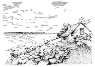 Göl kıyısına dağılmış kayalar. Çizgi sanat manzarası çizimi vektöre çevrildi.