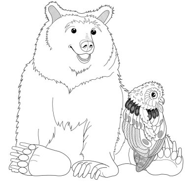 Sanat terapisi boyama sayfası. Çocuklar ve yetişkinler için boyama kitabı antistresi. Kuş ve Ayı eli klasik tarzda çizilmiş. Doğrusal oyma sanatı.