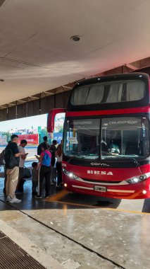Buenos Aires Terminali 'nden kırmızı şehirlerarası otobüse binmek için bekleyen yolcular..