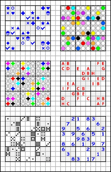 Sudoku Bulmaca kümesi olan çocuklar için bir kare kağıt üzerinde eğitim sayfası. — Stok Vektör