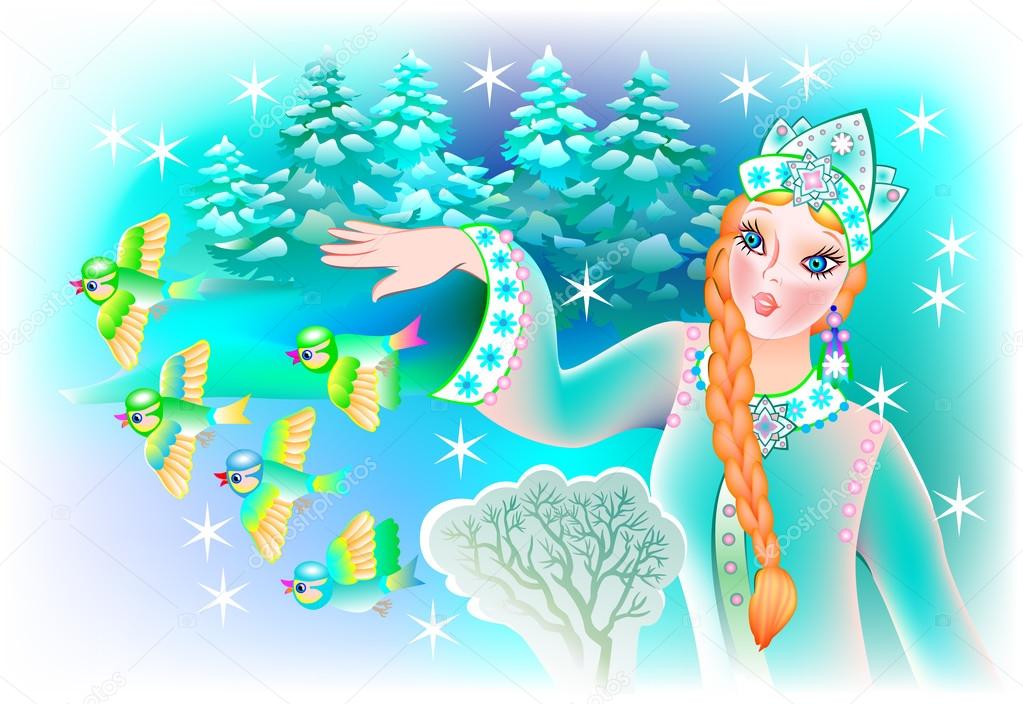 Illustration of Snow queen with birds.