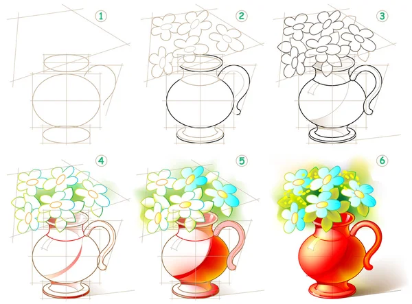 Stránka ukazuje, jak se krok za krokem naučit malovat krásná váza s květinami. — Stockový vektor