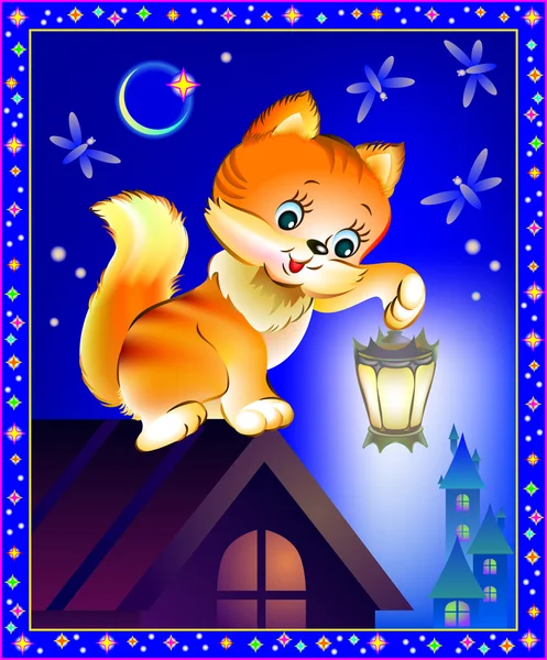 Illustration d'un chaton curieux tenant une lanterne la nuit . — Image vectorielle