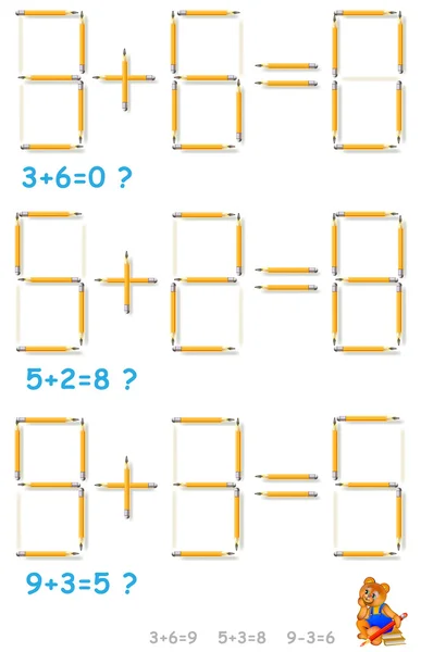 Puzzle logique. Dans chaque tâche déplacer 1 crayon pour rendre les équations correctes . — Image vectorielle