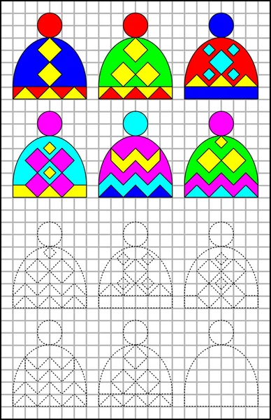 Puzzel van de logica op een vierkante papier. Het paar voor elk cap vinden en schilderen in relevante sieraad. — Stockvector