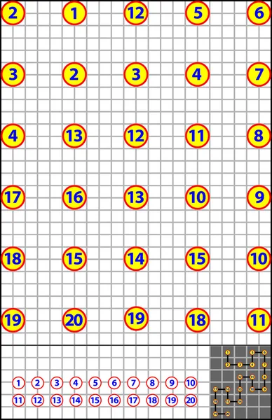 Teka-teki logika di atas kertas persegi. Cari cara untuk menggabungkan angka dari 1 sampai 20 dengan garis vertikal atau horisontal. Mengembangkan keterampilan anak-anak untuk menghitung. Citra vektor . - Stok Vektor