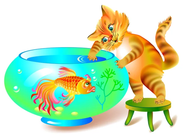 Ilustração de gato astuto que quer pegar o peixe do aquário . — Vetor de Stock