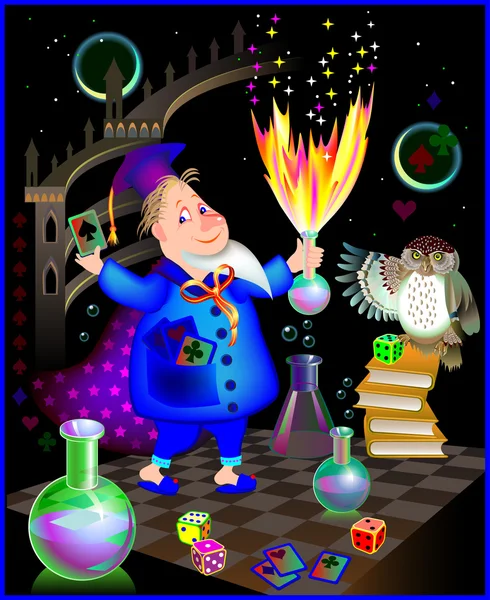 Illustratie van wizard doen alchemie, vector cartoon afbeelding. — Stockvector