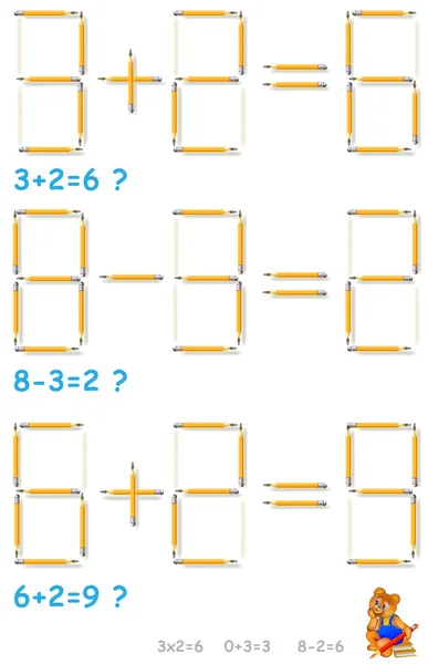 Логічна головоломка. У кожному завданні перемістити 2 олівці, щоб зробити рівняння правильними . — стоковий вектор