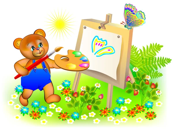 Ilustración del oso de peluche feliz pintando el cuadro . — Vector de stock