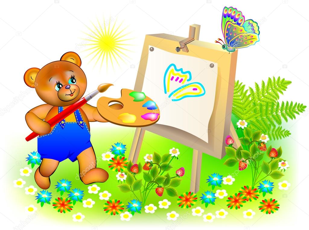 Illustration of happy teddy bear painting the picture.
