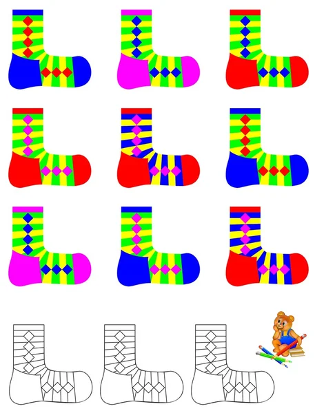 Ejercicio lógico para los niños - necesidad de encontrar tres calcetines no emparejados y pintarlos en colores relevantes . — Vector de stock