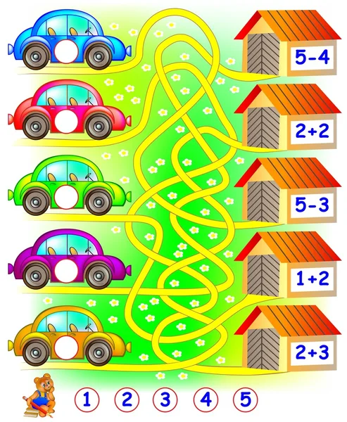 Övningar för barn som behöver att hitta garaget för varje bil och skriva siffrorna i relevanta kretsar. — Stock vektor