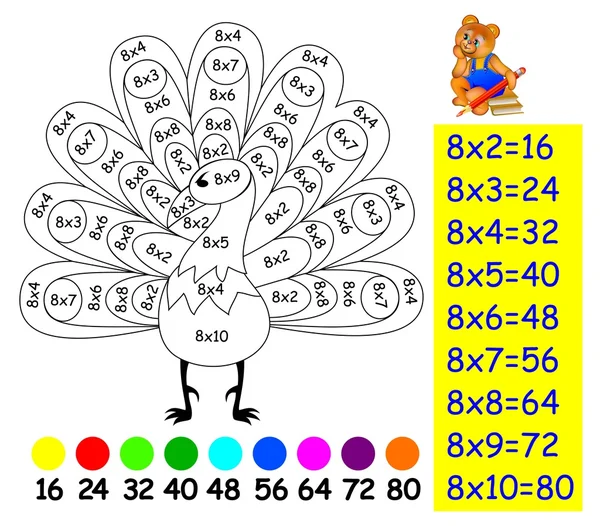 Exercice pour les enfants avec multiplication par huit - besoin de peindre l'image en couleur pertinente . — Image vectorielle