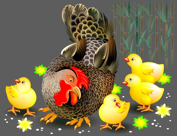 Εικονογράφηση κότα και τα κοτόπουλα σε ένα λιβάδι. — Διανυσματικό Αρχείο