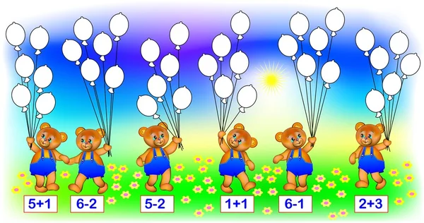 Übungen für Kinder - müssen Beispiele lösen und die entsprechende Anzahl von Luftballons bemalen. — Stockvektor