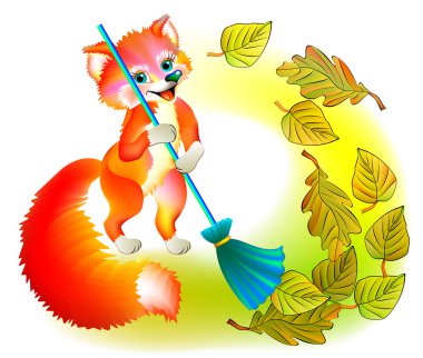 Küçük tilki yaprakları süpürme çizimi.