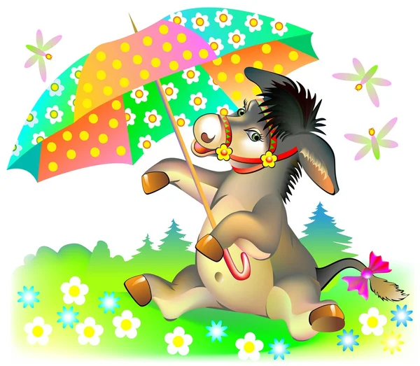 Illustration of little donkey holding umbrella. — Stock Vector