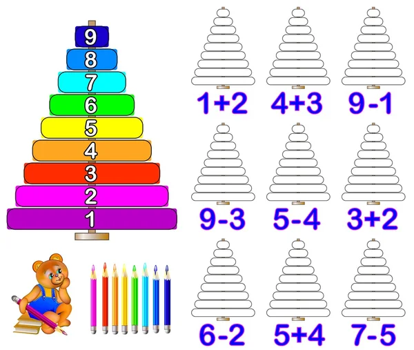 Los ejercicios para los niños - es necesario arreglar los ejemplos y pintar el número correspondiente de los anillos . — Vector de stock