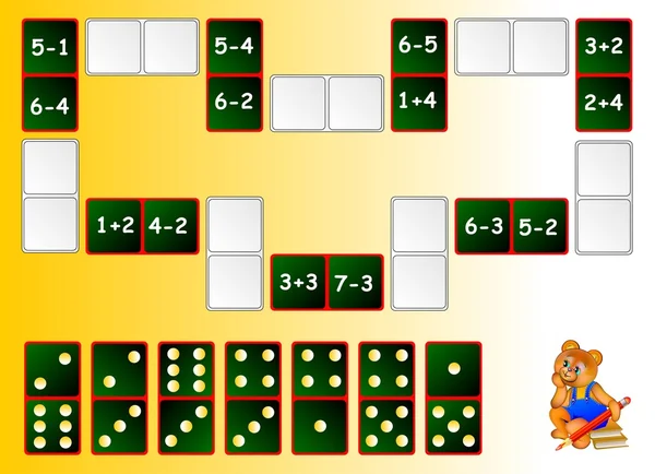 Exercícios para crianças - precisa resolver exemplos e desenhar os dominós restantes nos lugares corretos para fechar o circuito . — Vetor de Stock