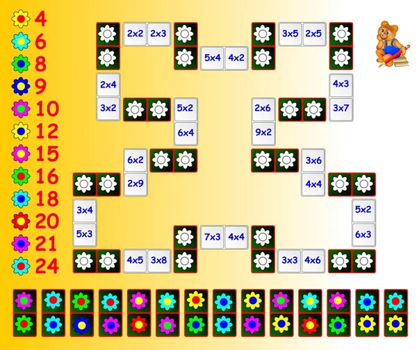 Esercizio per bambini con moltiplicazione. Dipingi i fiori sui colori corrispondenti usando i domino rimanenti. Necessità di chiudere il circuito . — Vettoriale Stock