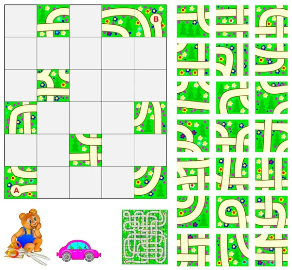 Logik pussel med labyrint. Skär torgen och placera dem korrekt. Behöver skicka med bil genom från punkt A till punkt B. vektorbild. — Stock vektor