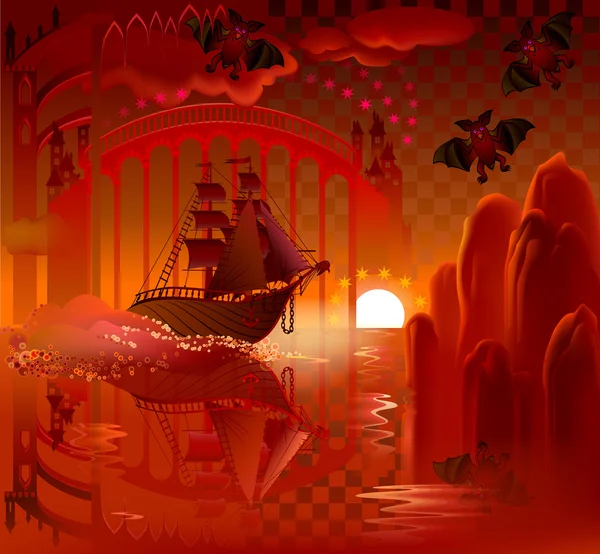 Vektor Cartoon-Bild. Skalierung auf jede Größe ohne Auflösung. — Stockillustration Illustration des fantastischen Schiffes im Wunderland. — Stockvektor