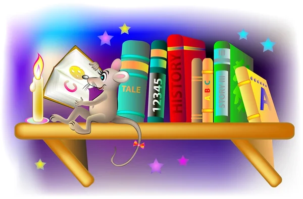 Illustration av glad mus läser en bok på natten, vektor tecknad bild. — Stock vektor