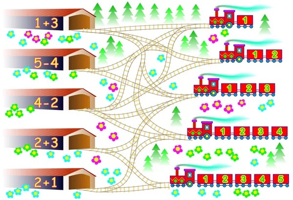 Esercizi per bambini - è necessario trovare il garage per ogni treno e tracciare le linee sulle ferrovie pertinenti . — Vettoriale Stock